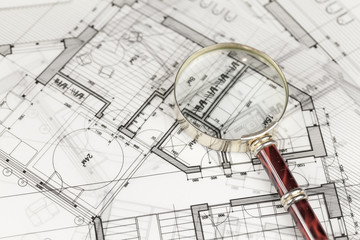 architecture blueprint -  house plans & magnifying glass