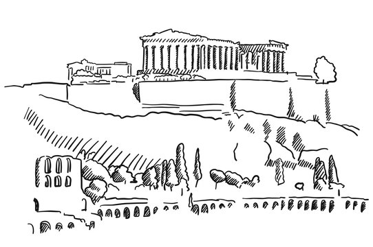 Athens Acropolis Greece Vintage Sketch