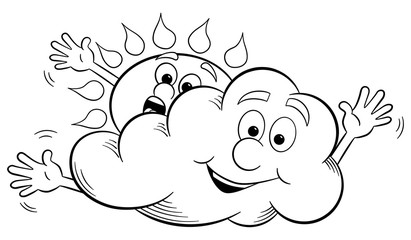 Cartoon Sonne und Wolke spielen bedeckten Himmel 