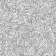 Cartoon vector doodles hand drawn town. seamless pattern