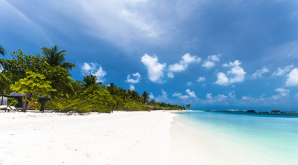 Beautiful tropical beach with palm trees, white sand, turquoise ocean water and blue sky at Kuredu, Maldives
