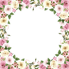 Vector background frame with pink roses and lisianthus flowers. 
