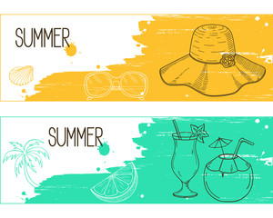 Banners with hand drawn elements over brush strokes and paint splashes grunge background for summertime holidays and resorts design