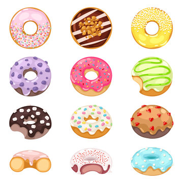 Set of cute sweet colorful donuts. Brown chocolate yummy cookie donuts food. Candy decoration color donuts collection. Glazed pastry delicious colorful snack cartoon, eat vector candy.