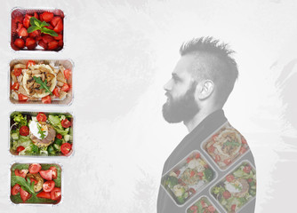 Healthy food take away in boxes and man portrait