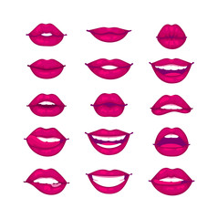 Fototapeta premium Female lips isolated on white sweet passion lust makeup mouth. Set woman lips romance cosmetic sensuality desire. Set of mouth smile woman red woman lips isolated shape romantic