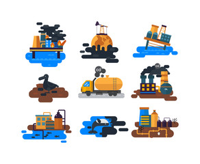 Ecological problems, environmental pollution of water, earth, air, deforestation, destruction of animals vector. Mills factories forest landscape environmental pollution. Environmental protection.