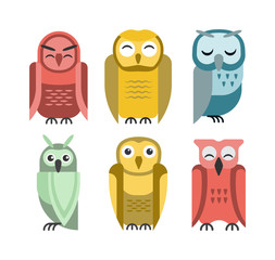 Cute vector collection of bright cartoon owls. Animal character cartoon owl comic funny collection. Doodle cheerful birds behavior cartoon owl