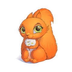 Squirrel with a bouquet of flowers. Animation character. The isolated image on a white background. Hand drawn illustration. 