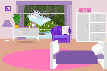 Bedroom interior vector illustration. Bed, chair, wardrobe