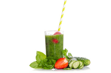 Green smoothie as healthy summer drink isolated on white backgro