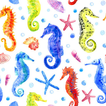 Seahorse, shell, starfish, and bubbles seamless pattern.Underwater world image on a white background.Watercolor hand drawn illustration.