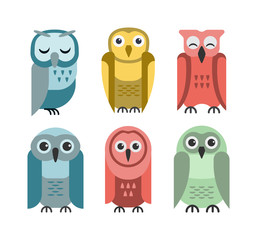 Cute vector collection of bright cartoon owls. Animal character cartoon owl comic funny collection. Doodle cheerful birds behavior cartoon owl