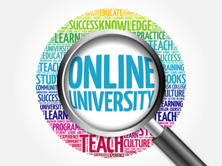 Online University word cloud with magnifying glass, concept 3D illustration