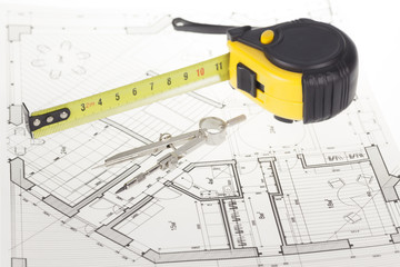 architectural blueprint - house plan, compass & tape measure