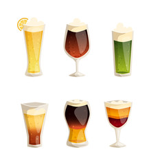 Beer vector icons set. Beer bottle, glass and different types of beer label. Alcohol drinks cups vector icons isolated. Oktoberfest beer light and dark drink vector cups mugs