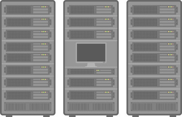 Baies réseaux informatique avec des serveurs et un écran © PierreM