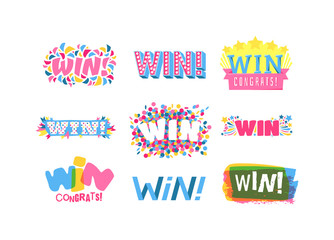 Win sign with colour confetti vector paper illustration. Success luck message contest promotion win text. Banner competition award lucky lottery word win text. Shop or web site reward gamble champion - obrazy, fototapety, plakaty