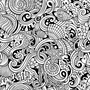 Cartoon doodles under water life seamless pattern
