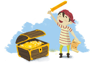 Niño jugando a ser pirata. Buscar el mapa de un tesoro. © rosalerosa