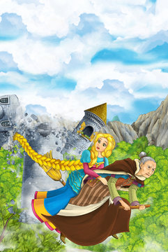 Cartoon scene of a with flying on a broomstick with young girl - in background collapsing medieval tower - beautiful manga girl - illustration for children