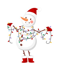 Vector cartoon cute white snowman in clothes with attributes of Christmas in hands on white background. Color cartoon snowman characters. Vector cartoon snowman