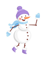 Vector cartoon cute white snowman in clothes with attributes of Christmas in hands on white background. Color cartoon snowman characters. Vector cartoon snowman