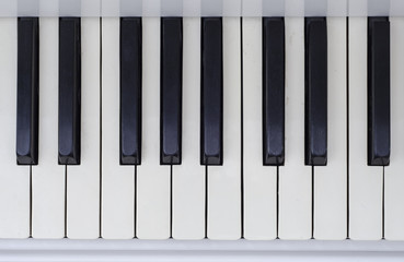 Piano keyboard background with selective focus in motion.Top view
