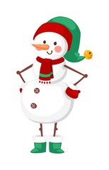 Vector cartoon cute white snowman in clothes with attributes of Christmas in hands on white background. Color cartoon snowman characters. Vector cartoon snowman