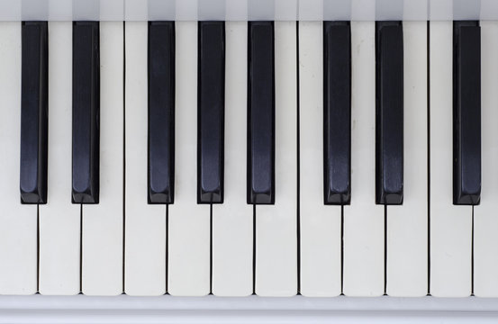 Piano keyboard background with selective focus in motion.Top view
