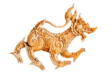 Traditional thai style pattern lion or singha wood carve on white background