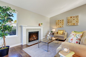 Cozy living room with hardwood floor and fireplace