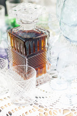 Catering services. Glasses with champagne in row. Background at restaurant party