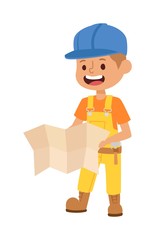 Builders kid with plan builder with tools. Vector character builder kid, cute child construction. Little person work equipment. Fun young profession.
