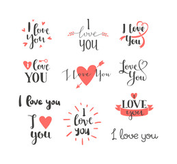 Fototapeta na wymiar Vector I love You hand drawn lettering text. Inspirational quote I Love You text follow your heart romantic type. I love You have greeting sign message decoration.