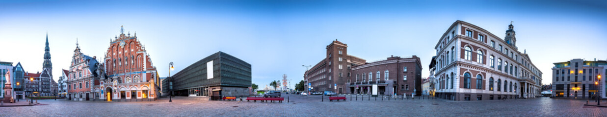 360 degree panorama of City Hall Square with House of the Blackheads, Saint Peter church, City Hall, Techical university and Ocupation museum in Riga Old Town