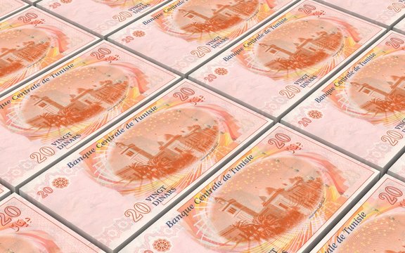 Tunisian dinars bills stacks background. 3D illustration.