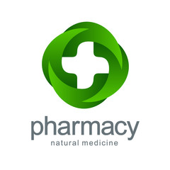Vector logo pharmacy. Green cross from the leaves. Eco, bio, organic emblem
