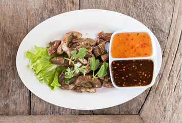 Top view Pig's intestines grilled thai style food