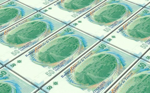Tunisian dinars bills stacks background. 3D illustration.