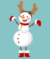 Vector cartoon cute white snowman in clothes with attributes of Christmas in hands on background. Color cartoon snowman characters. Vector cartoon snowman