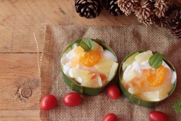 mix fruit salad topping on tofu milk.