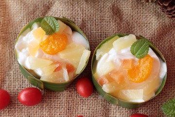 mix fruit salad topping on tofu milk.