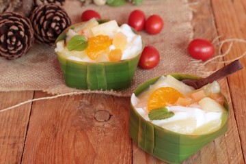 mix fruit salad topping on tofu milk.