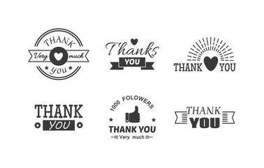 Vintage label with thank you text vector set. Thank you text design label card lettering type banner symbol. Letter typography thank you handwritten decorative calligraphic message text.