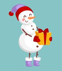 Vector cartoon cute white snowman in clothes with attributes of Christmas in hands on background. Color cartoon snowman characters. Vector cartoon snowman