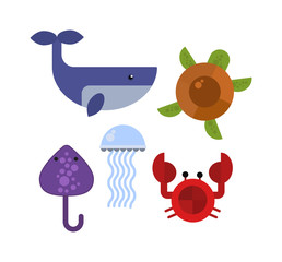 Vector set of cute sea animals creatures characters. Cartoon ocean underwater crab sea animals. Cute aquarium life water collection isolated turtle graphic aquatic tropical sea animals.