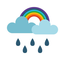 Vector illustration of cool single cloud and rainbow. Rain cloud with rainbowin dark sky. Rain weather sky climate storm symbol cloud. Cold season water nature forecast element.