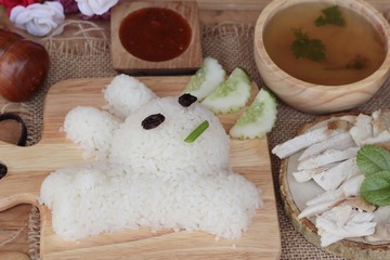 Rice steamed with chicken and soup delicious.