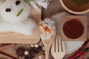 Rice steamed with chicken and soup delicious.